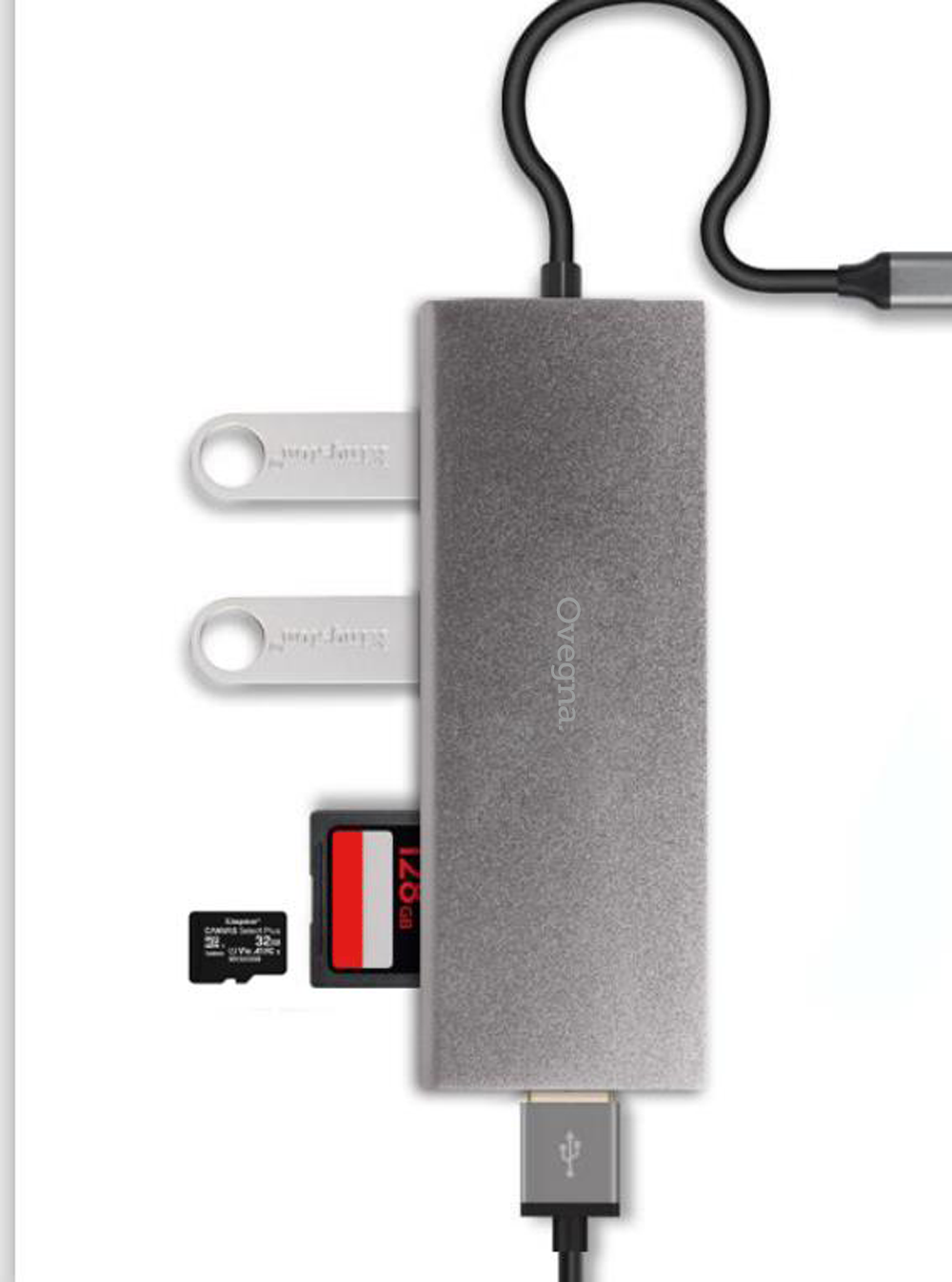 Ovegna PL007: USB Type-C Hub to 3 USB V3.0, SD, Micro SD, Metal Structure (Aluminium) High Quality 