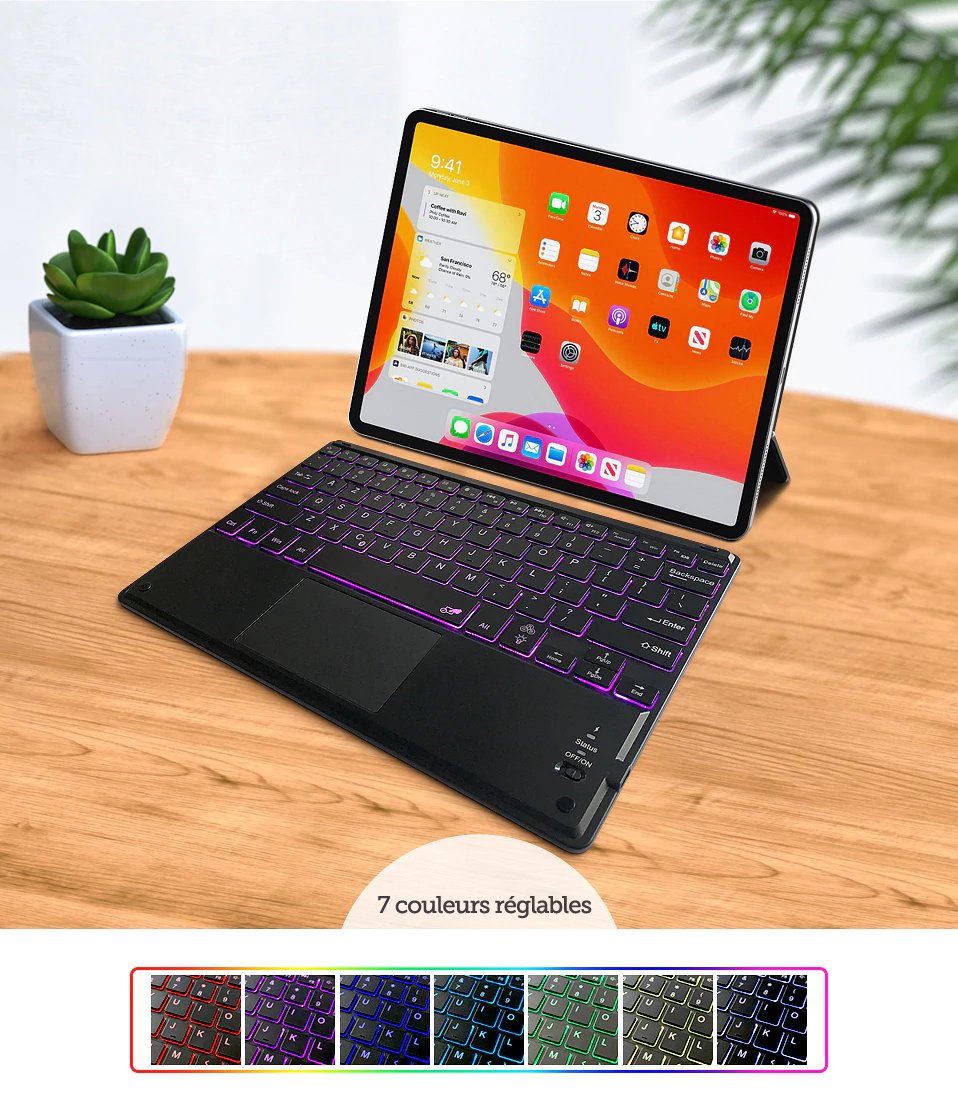 Ovegna BT14: Ultra-Fine Bluetooth 3.0 (AZERTY) Keyboard, LED Backlit (7 Colours), Touchpad, Lithium Battery, for Smartphones, SmartTVs and Tablets in Android, Windows and iOS Hover