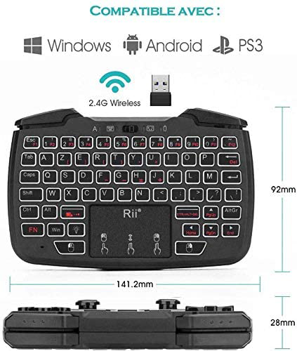 Rii Rk707 2.4GHz Wireless Game Controller Side Keyboard & Mouse (Azerty) with Touchpad Vibration Function Turbo Backlight for Ps3 Windows Android Linux SmartTV 
